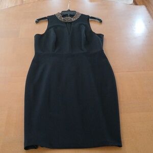 Calvin Klein Black Sleeveless Midi Dress with Beaded Gold Collar
